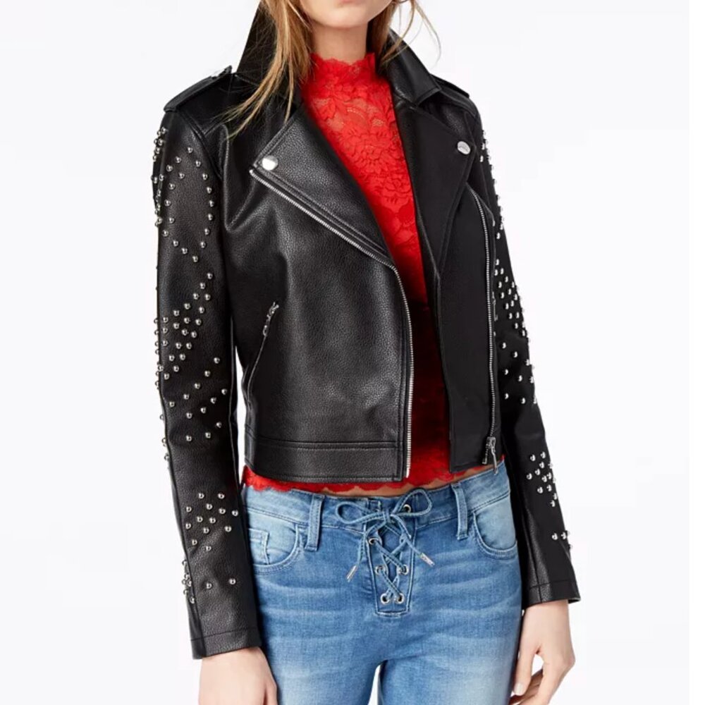 Guess Black Leather Jacket with Stud Accents Large